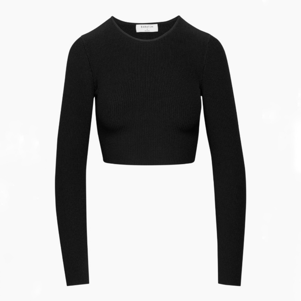 Aritzia Babaton Black Wool Blend Long Sleeve Cropped Sweater Top. SMALL